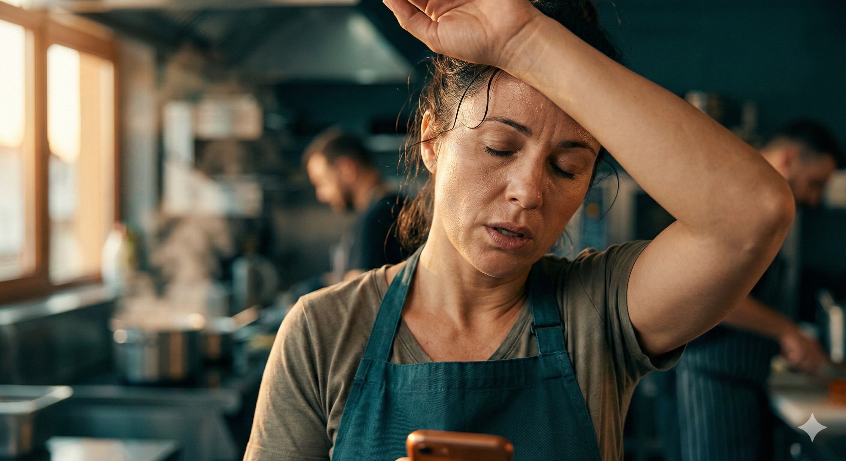 Restauratrice débordée regardant son téléphone en cuisine